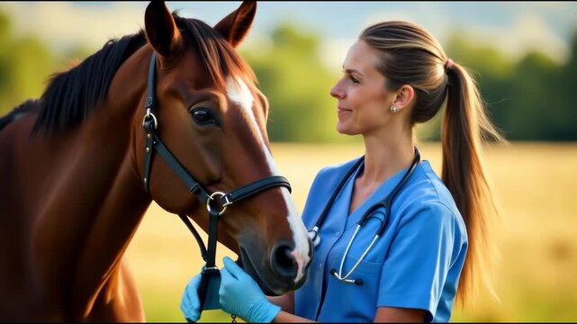 A woman in a blue shirt is gently petting a brown horse