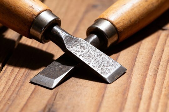 Two wooden-handled chisels with metal blades resting on a wooden surface