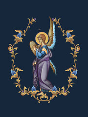 Naklejka premium Decorative vintage floral illustration with an angel in Byzantine style
