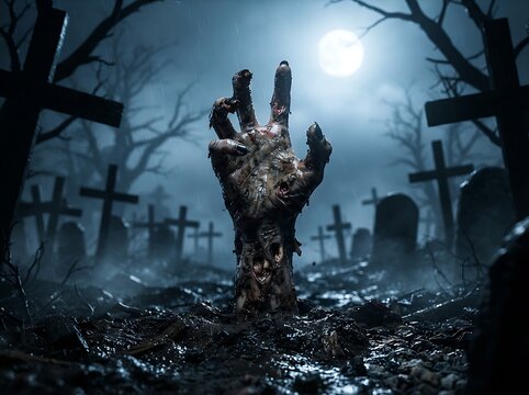 Undead hand emerging from a grave in a spooky cemetery during a stormy night with a full moon