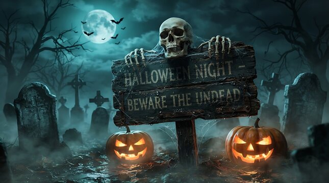 Spooky halloween night sign with a skull and pumpkins in a misty graveyard under a full moon