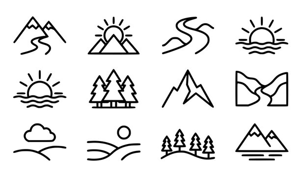 Minimal nature mountain river and sun outline vector icon set