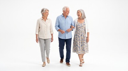 Fototapeta premium Three happy senior friends walking together and laughing, isolated on white background