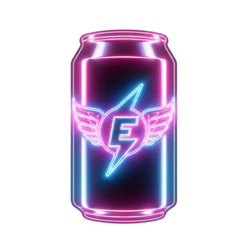 3D neon energy drink can with lightning bolt and wings isolated on a transparent background