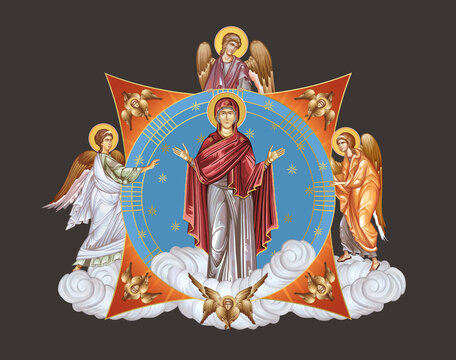 Assumption of Mary. Illustration in Byzantine style with angels and seraphim