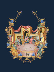 Naklejka premium Holy Communion. The Last Supper. Decorative vintage floral illustration in Byzantine style