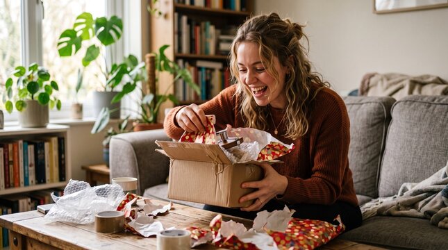Young woman happily opening a gift box filled with colorful wrapping paper and bubble wrap