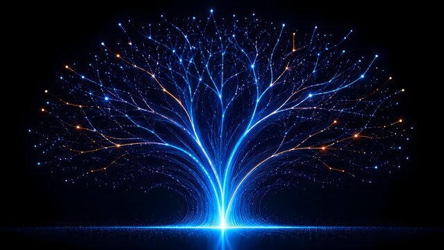 Artificial intelligence neural network shaped like a glowing tree with data branches representing machine learning and digital growth concept