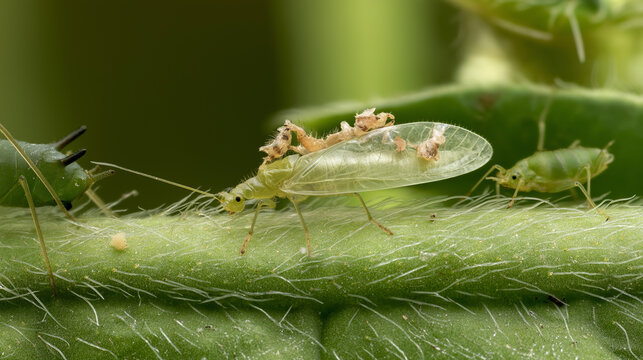 Insect carrying aphid on green plant stem