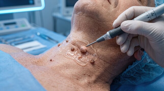 Close Up of Patient Neck Getting Skin Tags Removed with Medical Laser Device