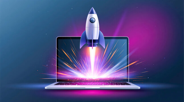 Rocket Launching From Laptop Screen With Glowing Light Rays And Neon Purple Blue Space Background
