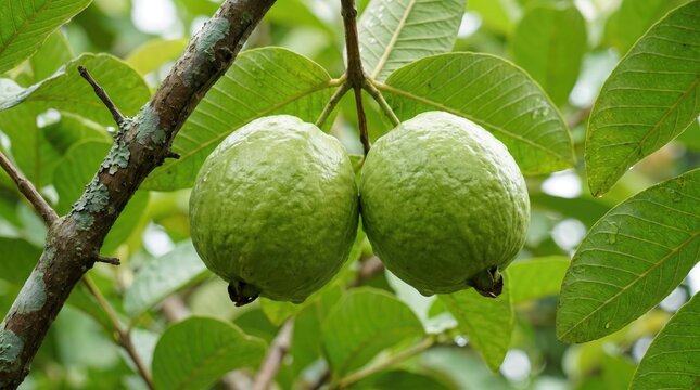 Two unripe guavas hanging on a tree branch with food production, plant stem