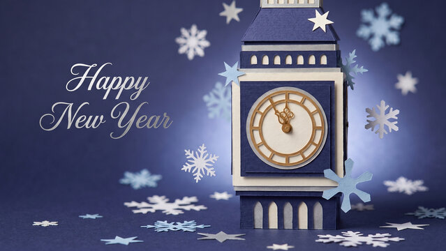 Happy New Year background with papercraft Big Ben clock, snowflakes, and stars for holiday celebration.