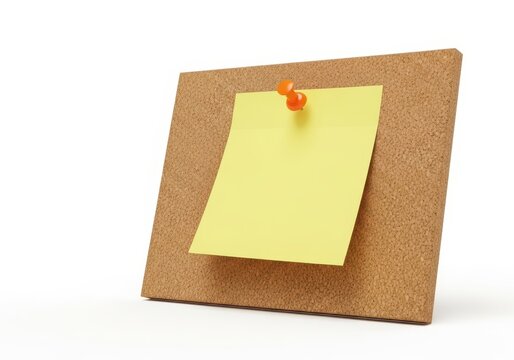 Bright yellow sticky note attached to brown corkboard