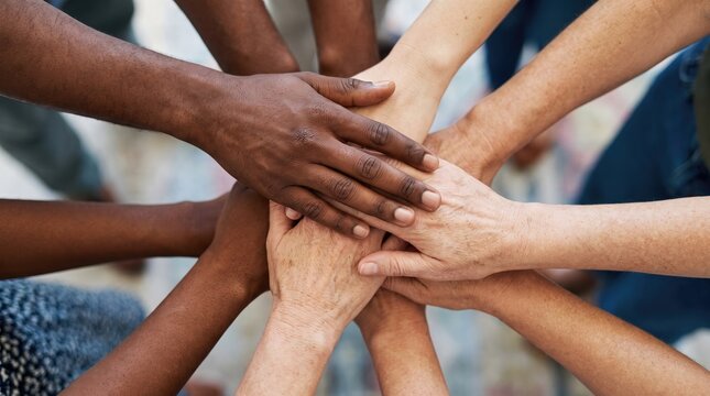 Diverse group of people putting hands together in unity with diversity, teamwork