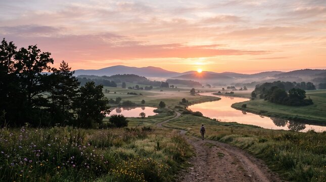 Person walking on dirt path through misty valley at sunrise with winding river and rolling hills
