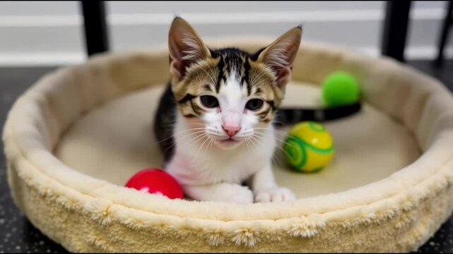 A cat lounges in its bed, surrounded by a ball