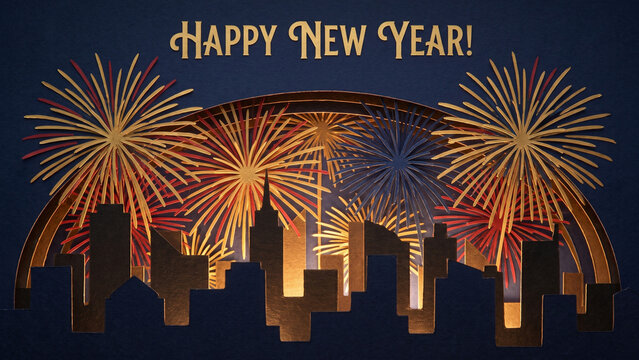 Festive happy new year celebration with golden papercut fireworks and city skyline silhouette background.