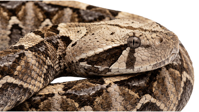 Gaboon viper portrait head snake closeup brown pattern scales venomous reptile isolated background for educational biology projects and wildlife nature study imagery