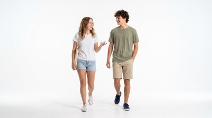 Fototapeta premium Young couple walking and talking together isolated on white background