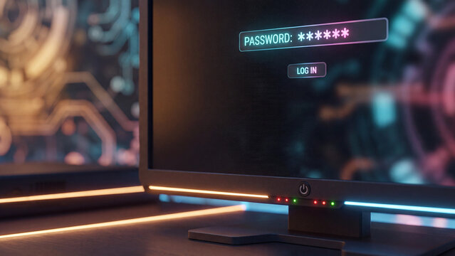 Computer monitor displays a digital login screen requiring a password for secure system access in a dimly lit workspace.