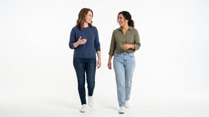 Obraz premium Two diverse women walking and talking together, smiling and looking at each other, isolated on white background
