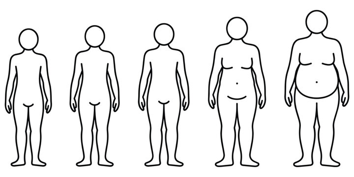 A line showing five human figures with different body shapes and weights, arranged in a row, isolated on a white background, simple