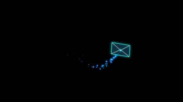 Glowing cyan mail envelope and sparkling blue particle trail sliding along an arc curve animation on a dark background - 4K video