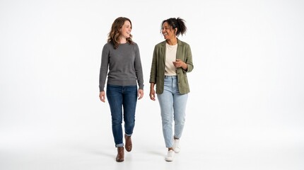 Obraz premium Two diverse professional women walking and talking together, smiling and looking at each other, isolated on white background