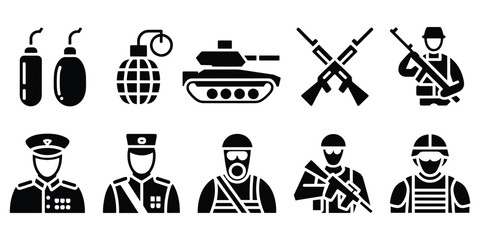Naklejka premium A set of ten black silhouette representing military equipment, soldiers, and tactical gear, including a tank, grenades, rifles, and personnel on white background