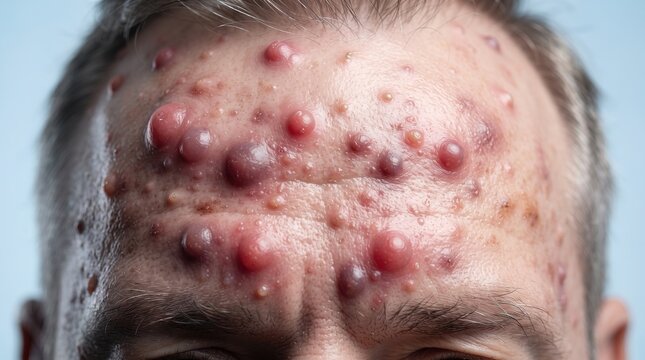 Close up of male forehead with severe cystic acne nodular breakouts and inflamed pustules