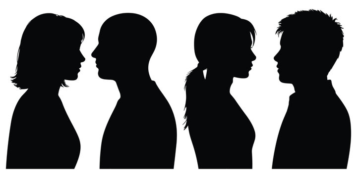 A set of black silhouettes showing profiles of two men and two women facing each other in pairs, isolated on a white background, simple