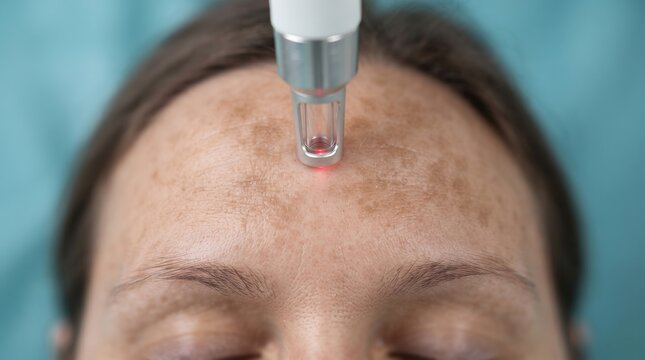 Close up of laser skin therapy on woman forehead for melasma dark spot hyperpigmentation removal