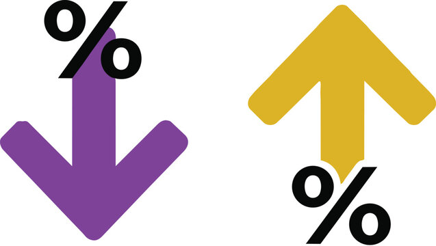 Two icons depicting percentage trends with a purple downwardpointing arrow and a gold upwardpointing arrow, isolated on white background