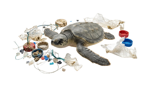 Young sea turtle surrounded by plastic waste and ocean debris to highlight the environmental impact of pollution on marine wildlife and coastal ecosystems