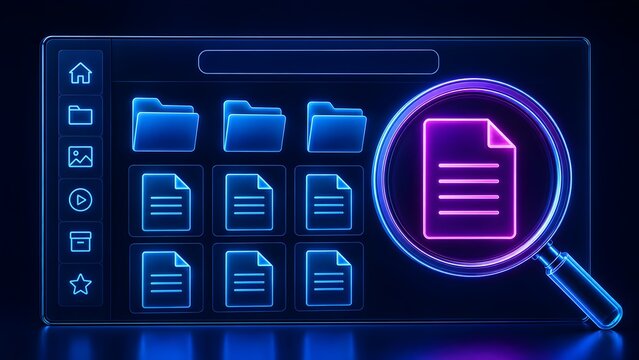 Digital document search interface concept with glowing magnifying glass over neon files representing data inspection and electronic archive