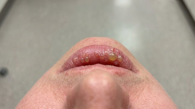 Macro low angle close up of cold sore blisters, herpes simplex virus on a patient's upper lip