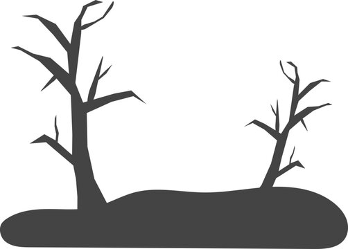 Minimalist 2D flat vector illustration of a spooky dark silhouette of two bare trees on a hill isolated on white background