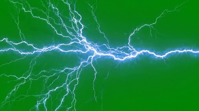 Electric lightning bolt strike overlay on green screen for visual effects and motion electricity discharge