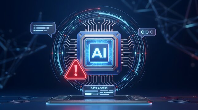 Cybersecurity threat detection concept showing artificial intelligence microchip analyzing suspicious data access alert.