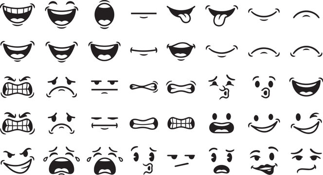 A comprehensive set of vector cartoon mouths and facial expressions showing various emotions like happiness, sadness, anger, and surprise, isolated on white background