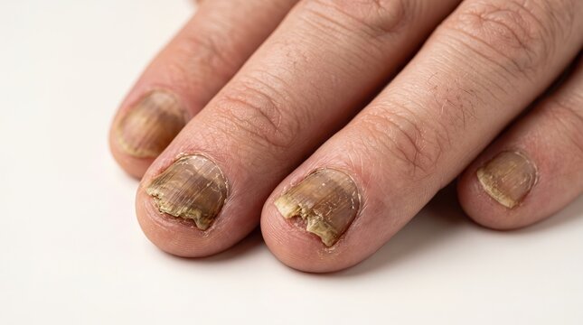 Severe fungal nail infection onychomycosis on human hand fingers showing yellow thickened and brittle nails