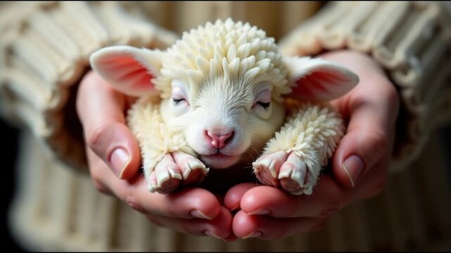 A person holding a baby sheep in their hands, a gentle moment of connection