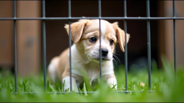 A small dog sitting behind a fence, great for pet or home use