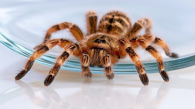 Furry tarantula spider on a glass plate