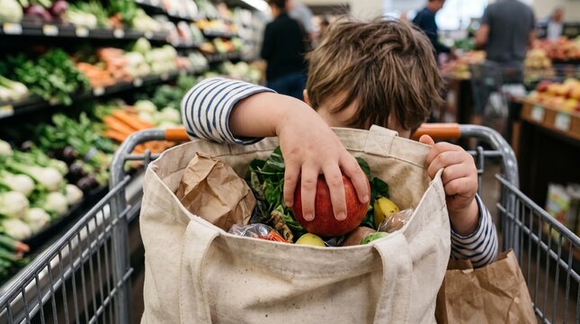 Young child's hand reaching into a reusable grocery bag filled with fresh produce in a supermarket aisle