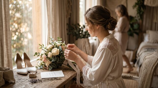 Bride preparing her wedding bouquet with delicate flowers and elegant white shoes nearby