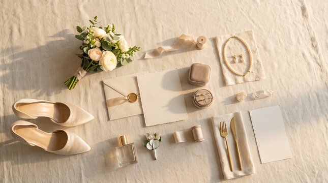 Elegant Wedding Day Essentials Flat Lay with Bridal Bouquet, Rings, Shoes, and Invitations
