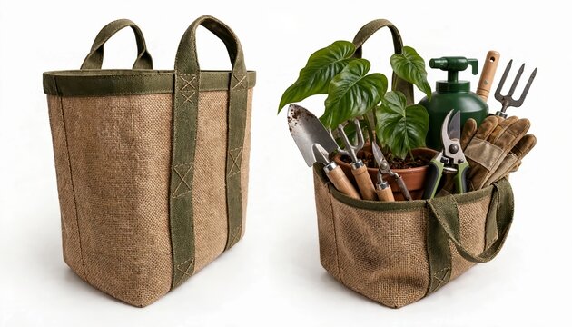 Gardening Tool Bag Set with Potted Plant and Equipment on White,