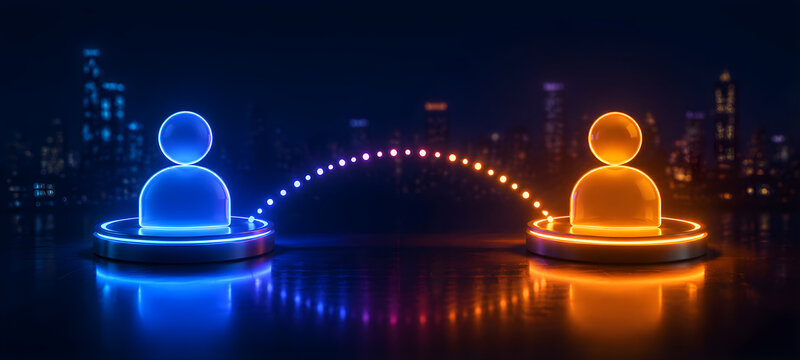 Abstract Glowing Human User Icons Connected with Light Beam Network Communication Concept